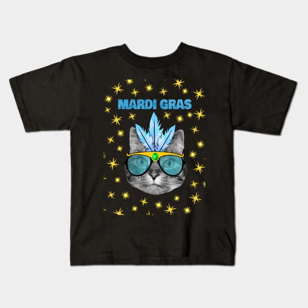 Mardi Gras Blue Cat Kids T-Shirt by Purrfect